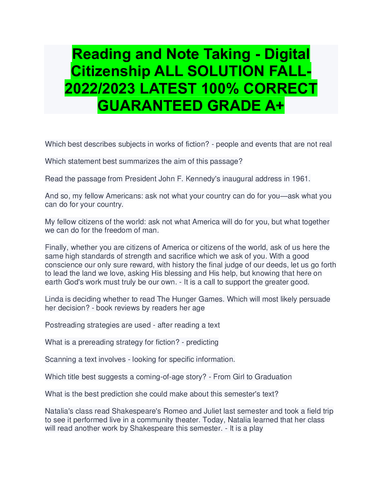 Preview image for Reading and Note Taking - Digital Citizenship ALL SOLUTION FALL- 2022/2023 LATEST 100% CORRECT GUARANTEED GRADE A+